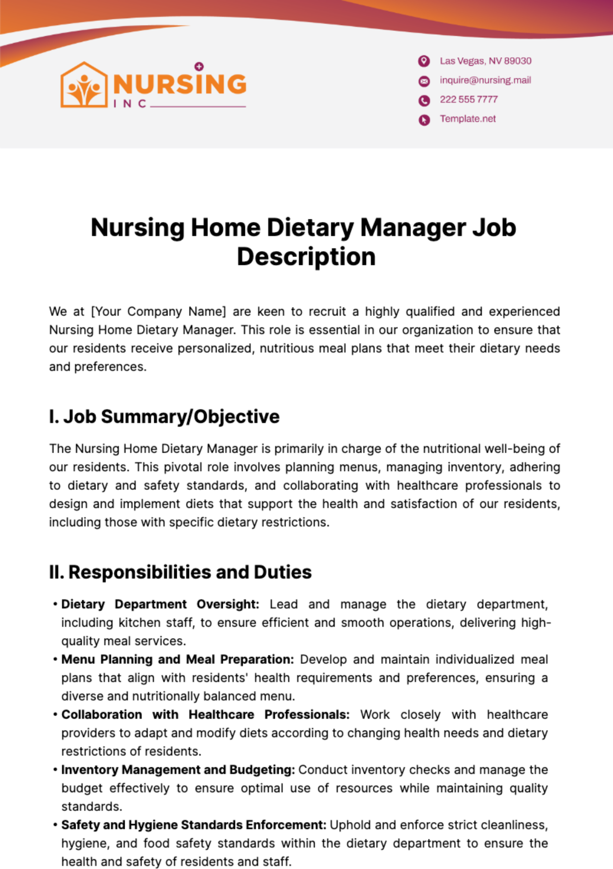 Free Nursing Home Dietary Manager Job Description Template