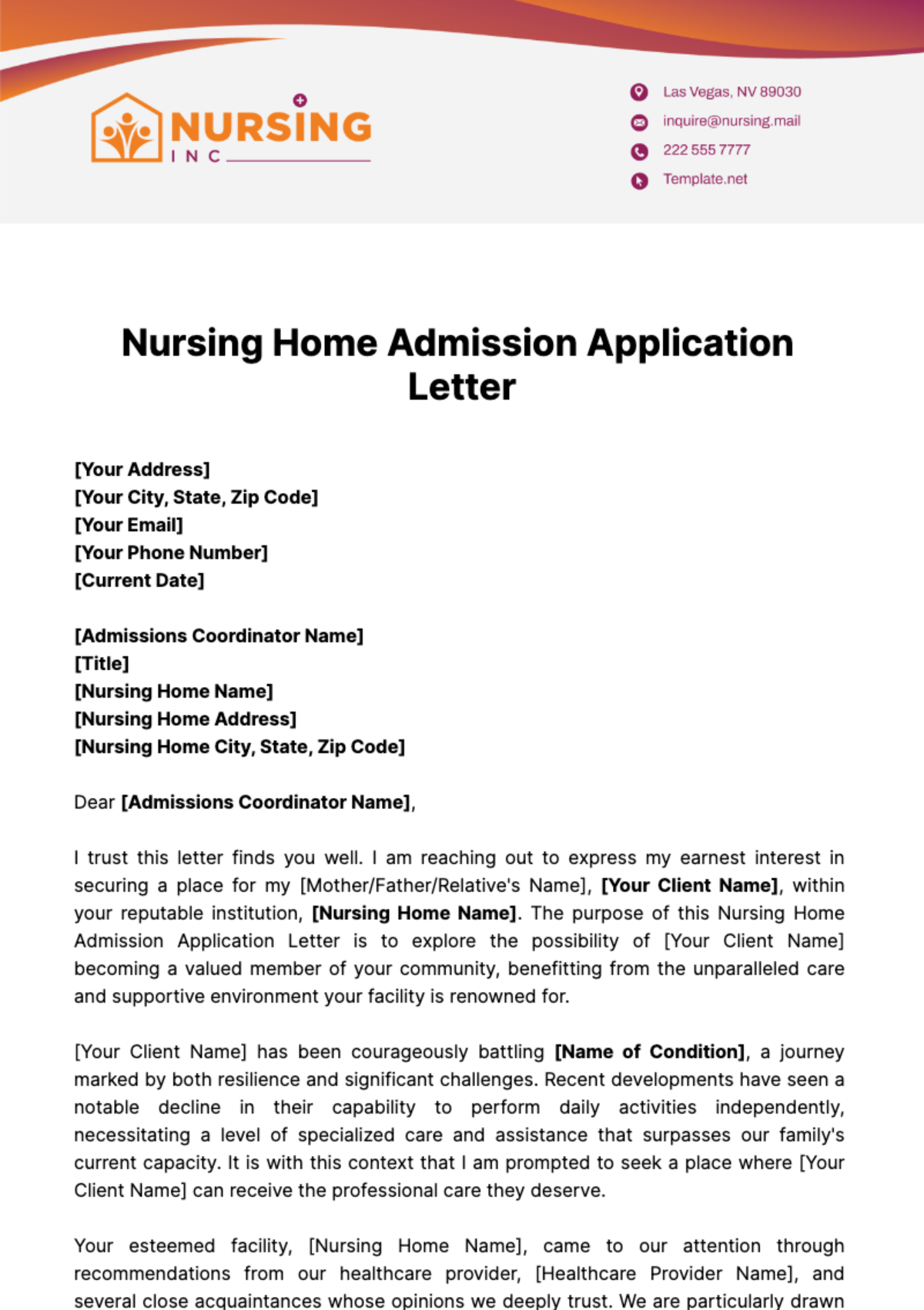 Free Nursing Home Admission Application Letter Template