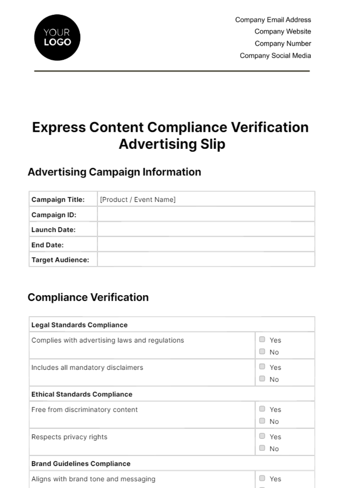 Express Content Compliance Verification Advertising Slip Template