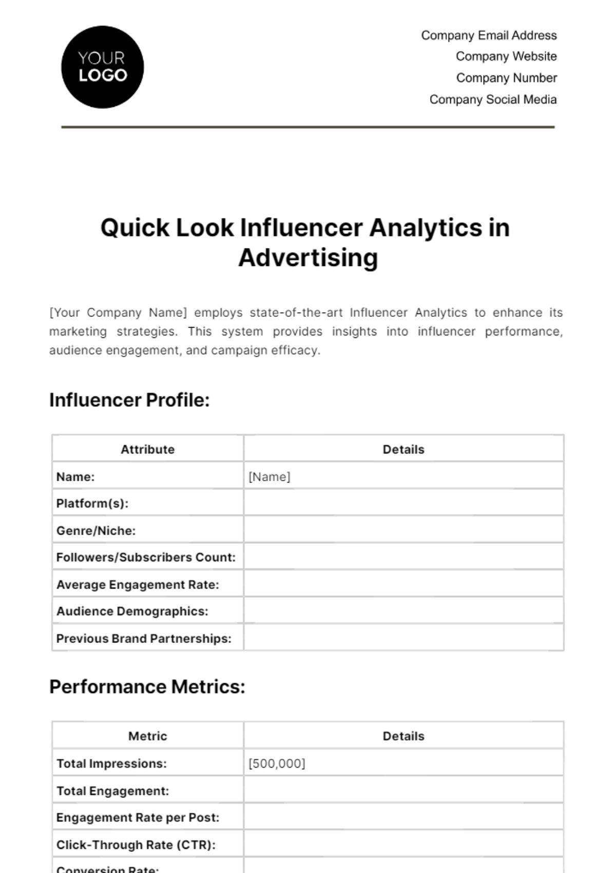 Free Quick Look Influencer Analytics in Advertising Template