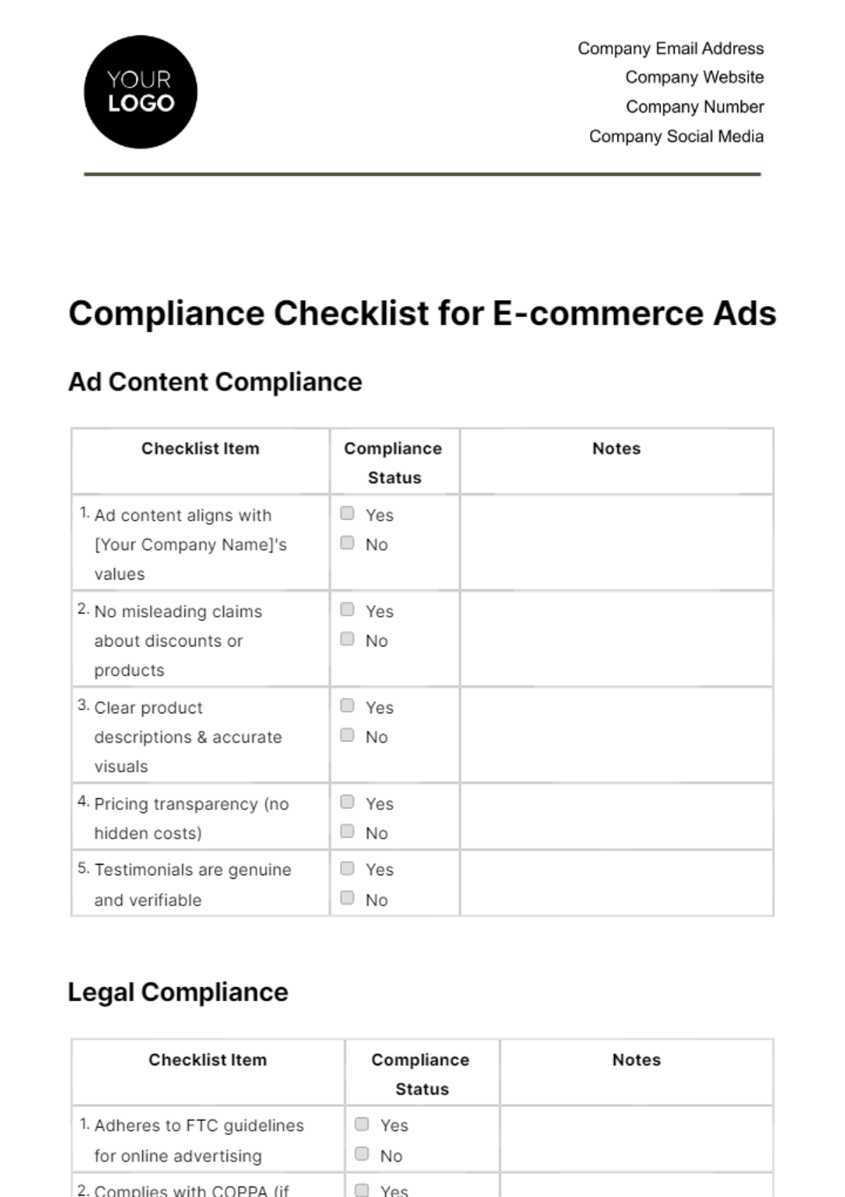 Free Compliance Checklist for E-commerce Ads Template