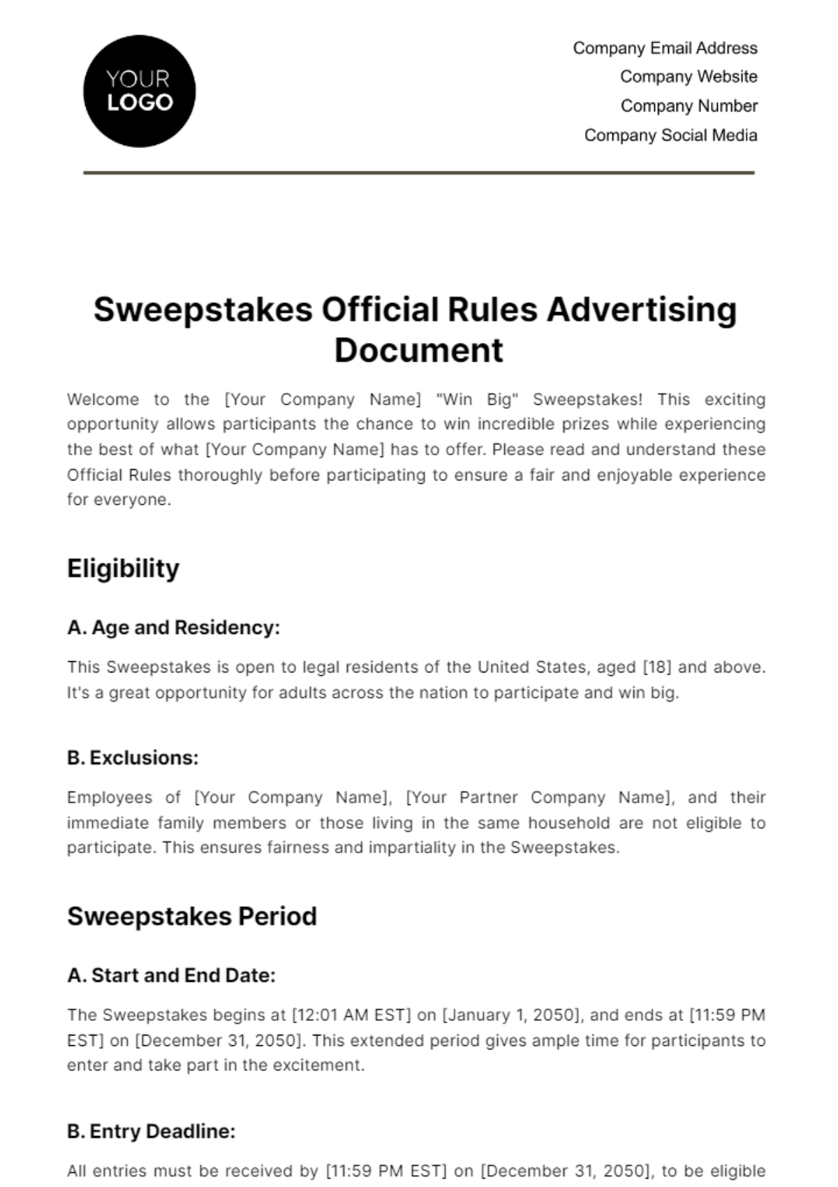 Free Sweepstakes Official Rules Advertising Document Template
