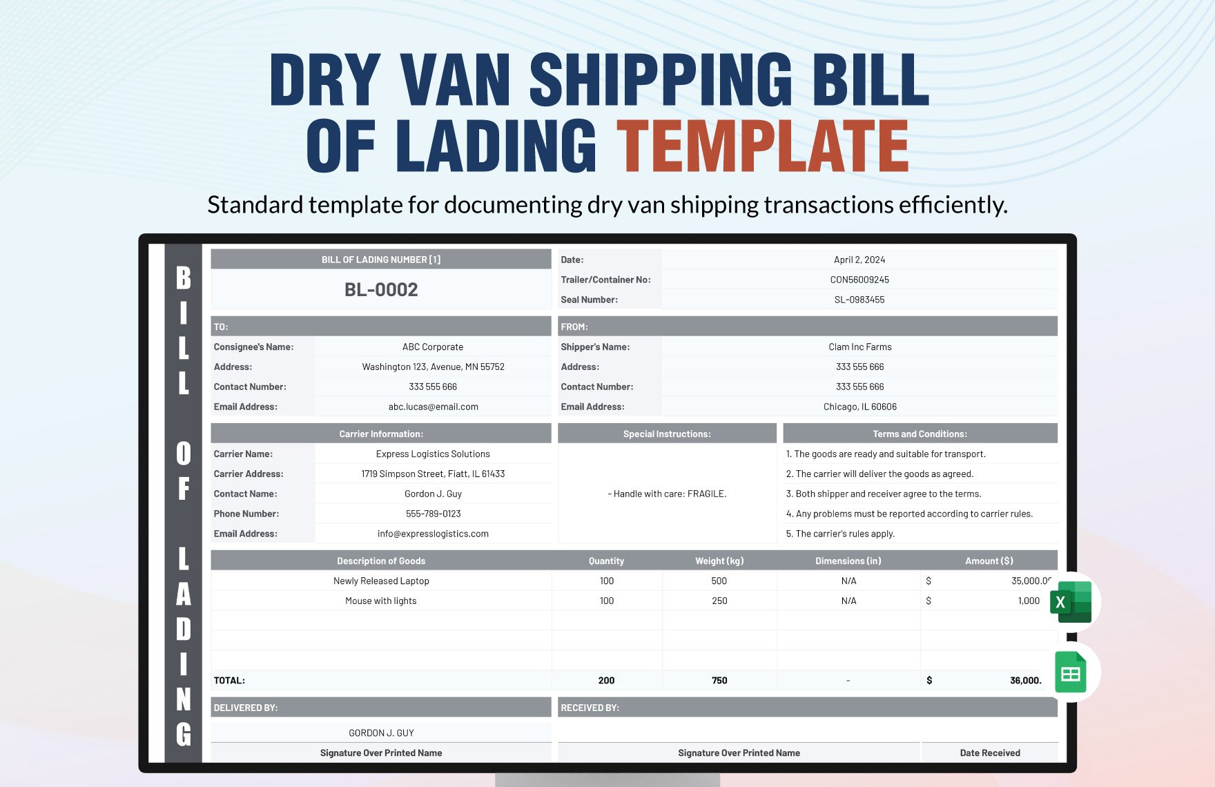 Dry Van Shipping Bill of Lading Template in Excel, Google Sheets