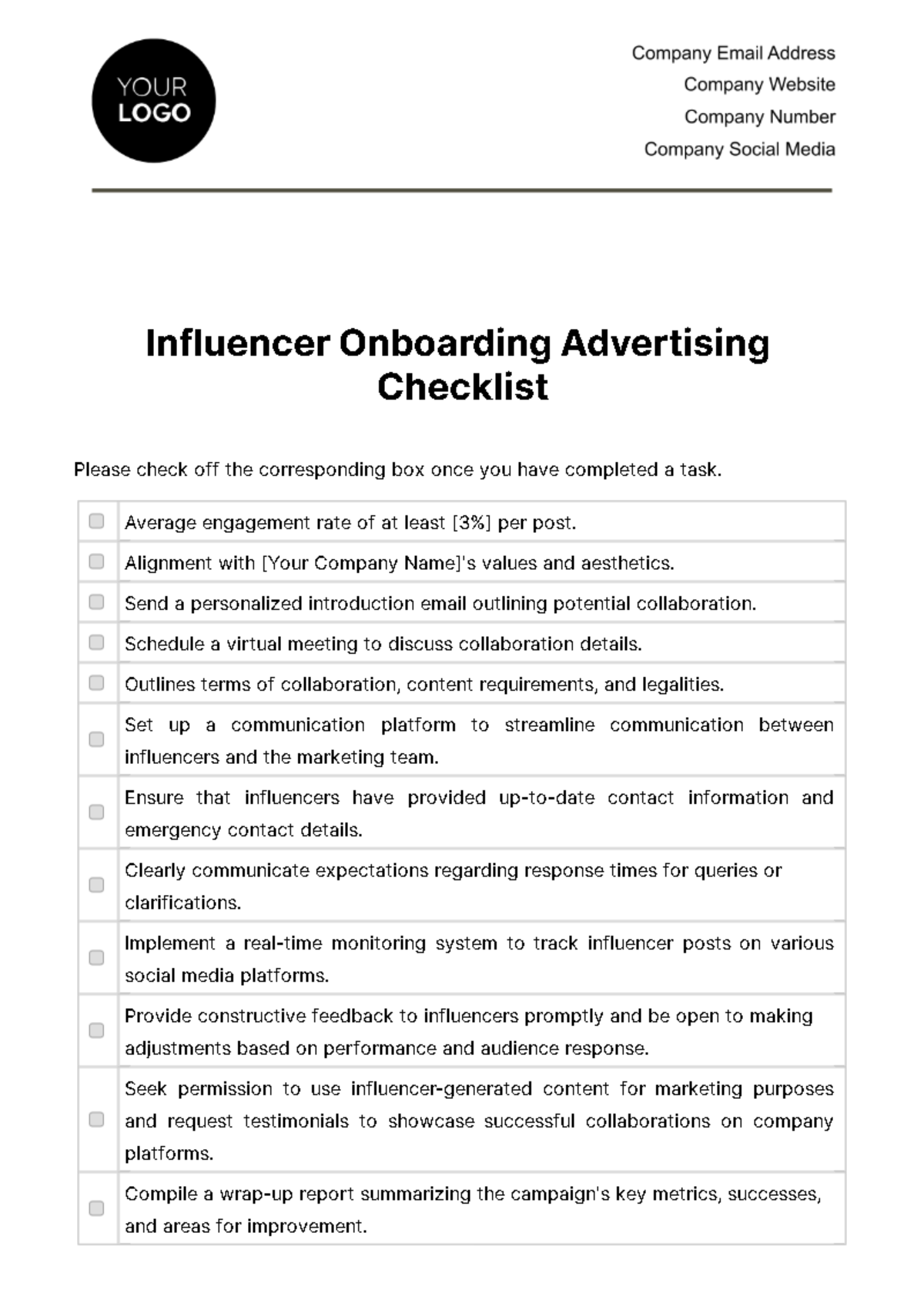 Influencer Onboarding Advertising Checklist Template