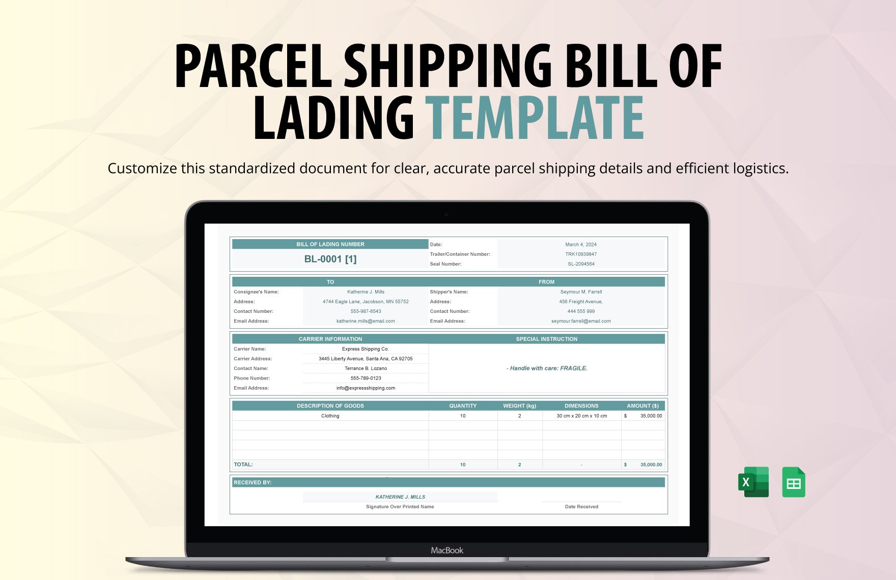 Parcel Shipping Bill of Lading Template in Excel, Google Sheets