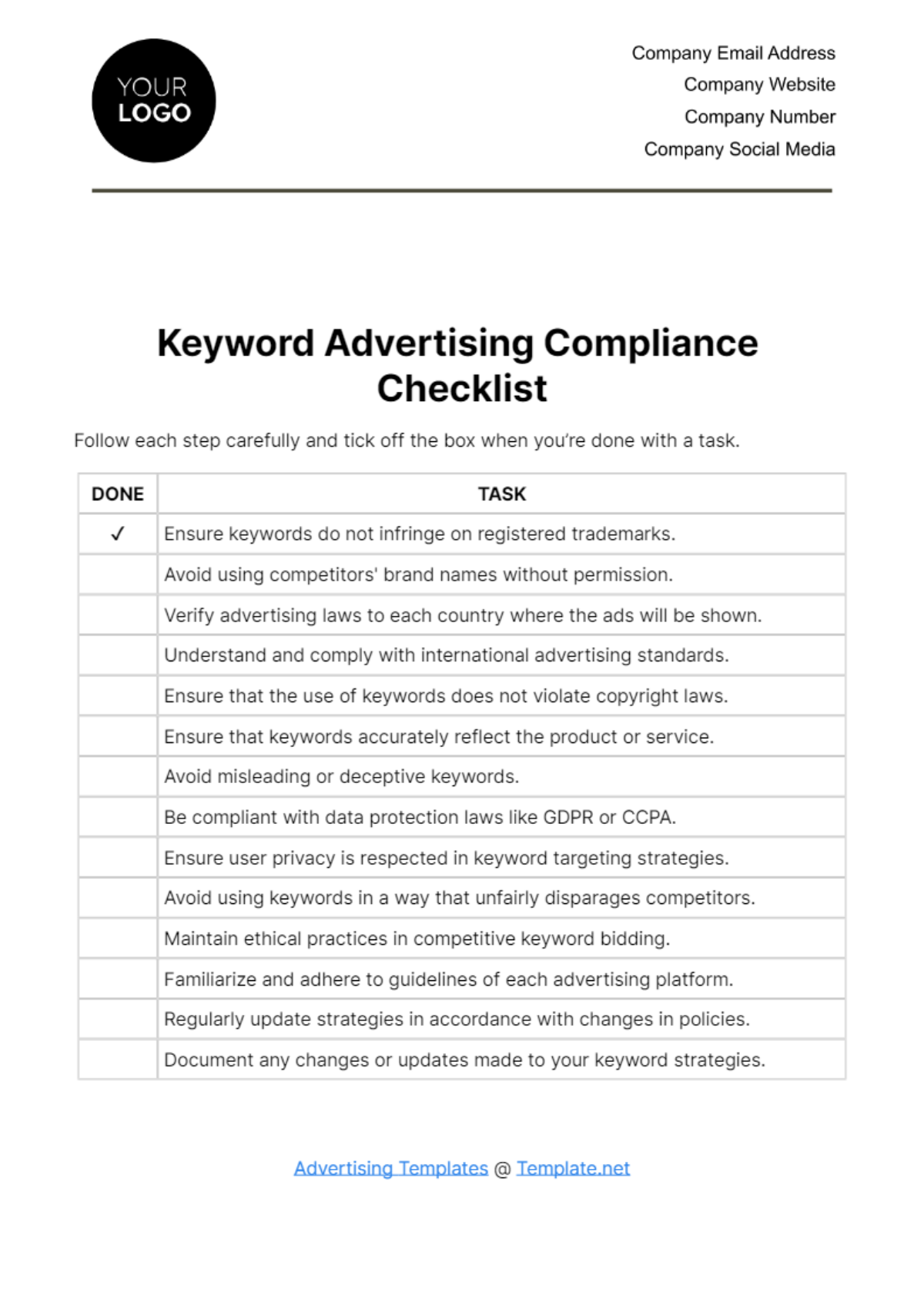 Keyword Advertising Compliance Checklist Template