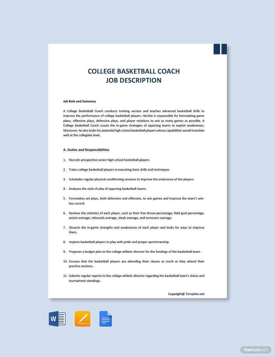 College Basketball Coach Job Description - Google Docs, Word, Apple Pages |  