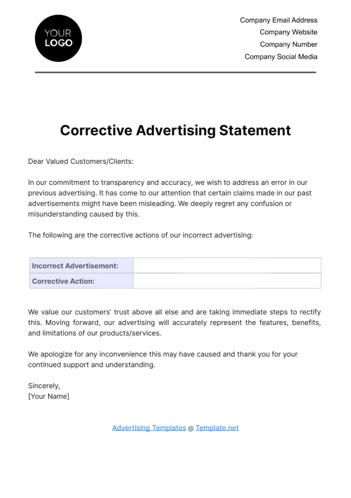Free Corrective Advertising Statement Template
