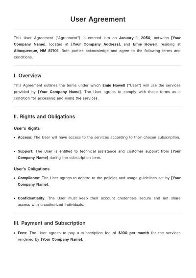 Free User Agreement Template to Edit Online