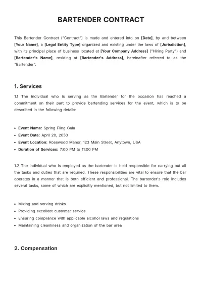 Free Bartender Contract Template to Edit Online
