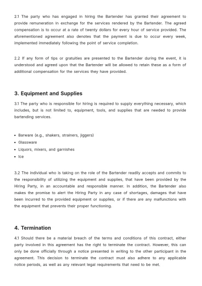Free Bartender Contract Template to Edit Online