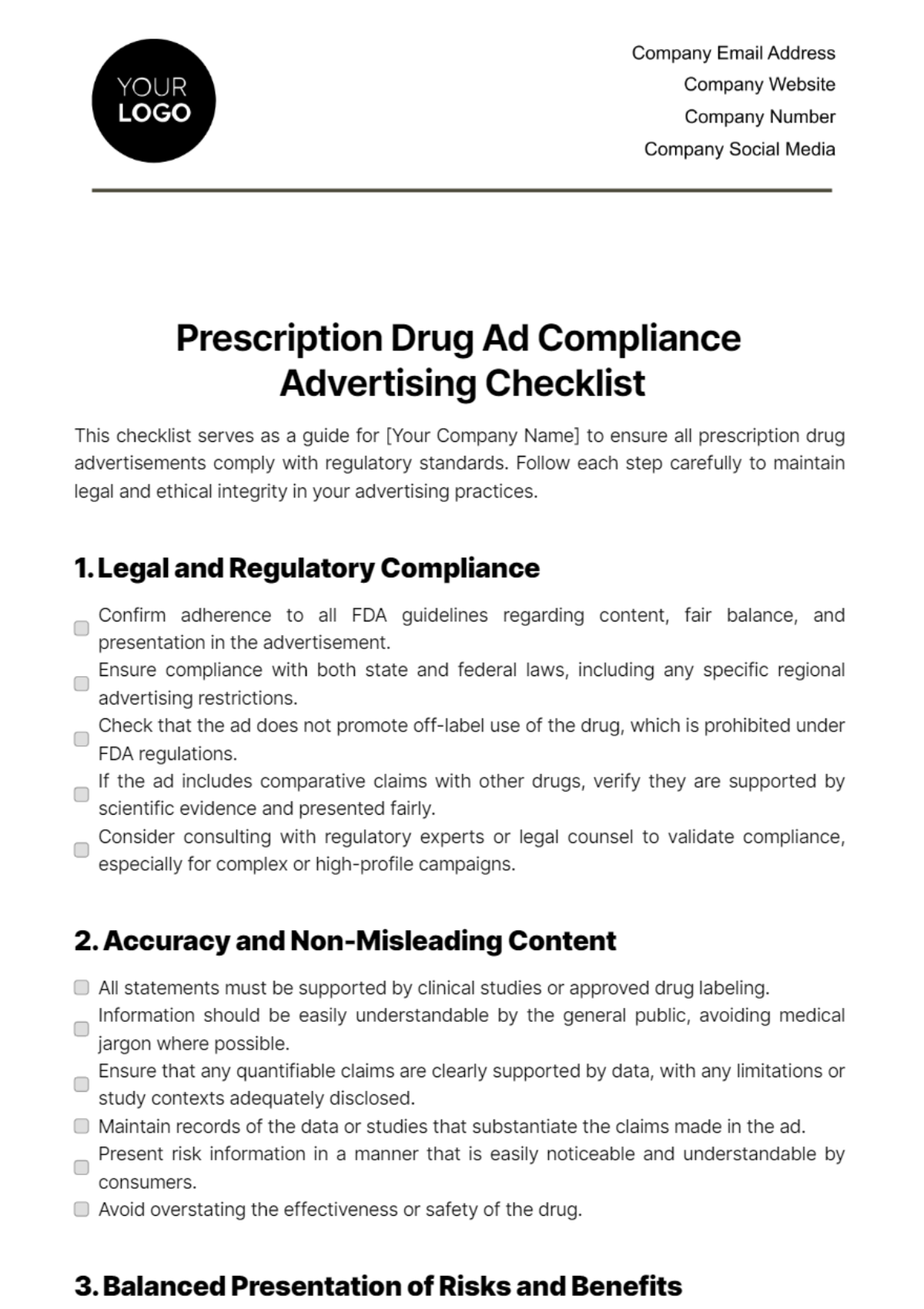 Prescription Drug Ad Compliance Advertising Checklist Template