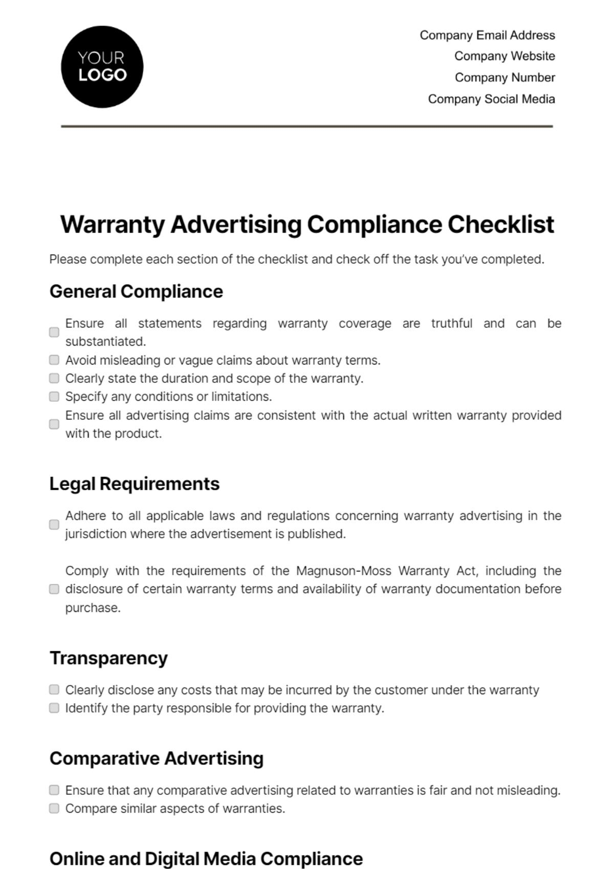 Warranty Advertising Compliance Checklist Template
