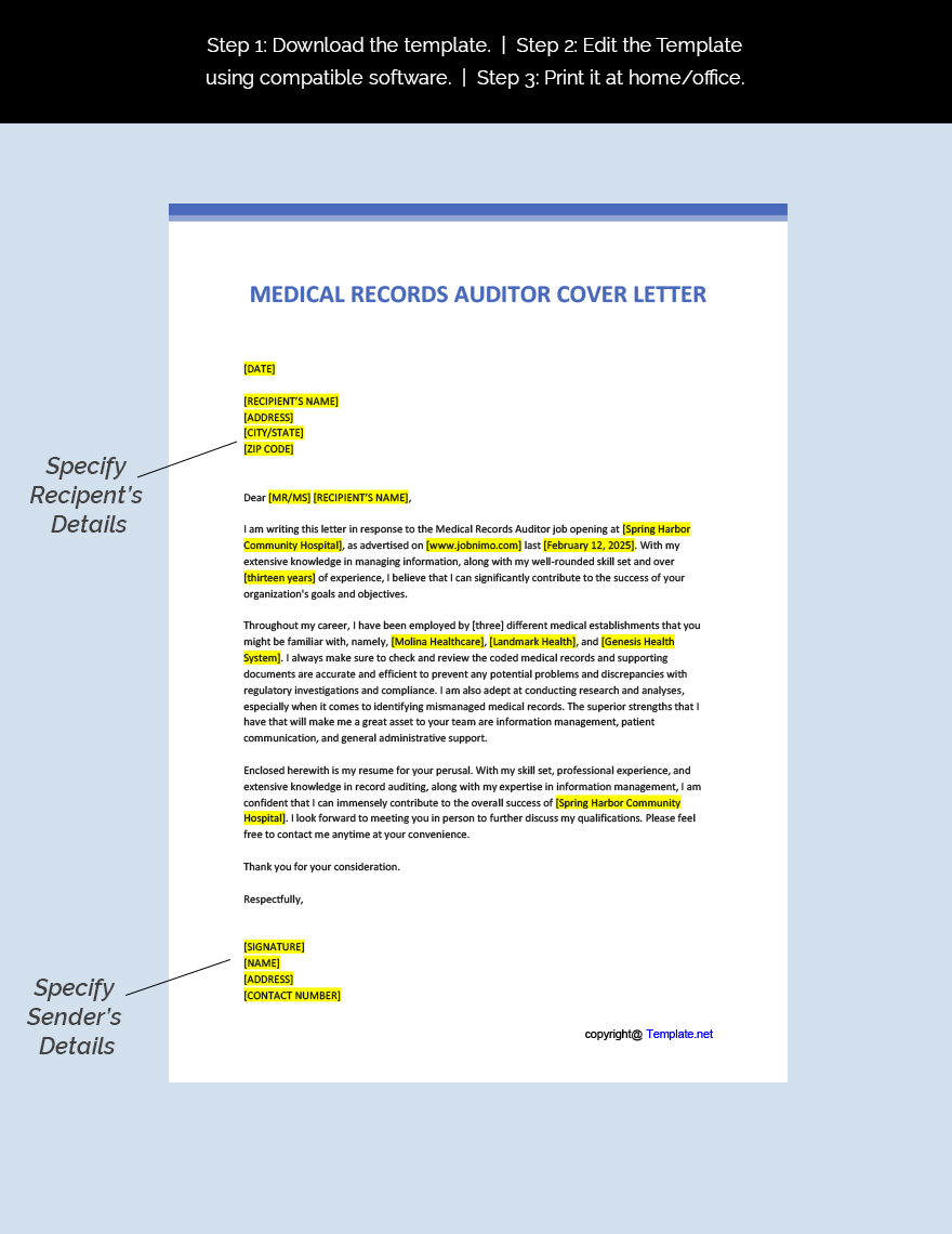 Medical Records Auditor Cover Letter Template