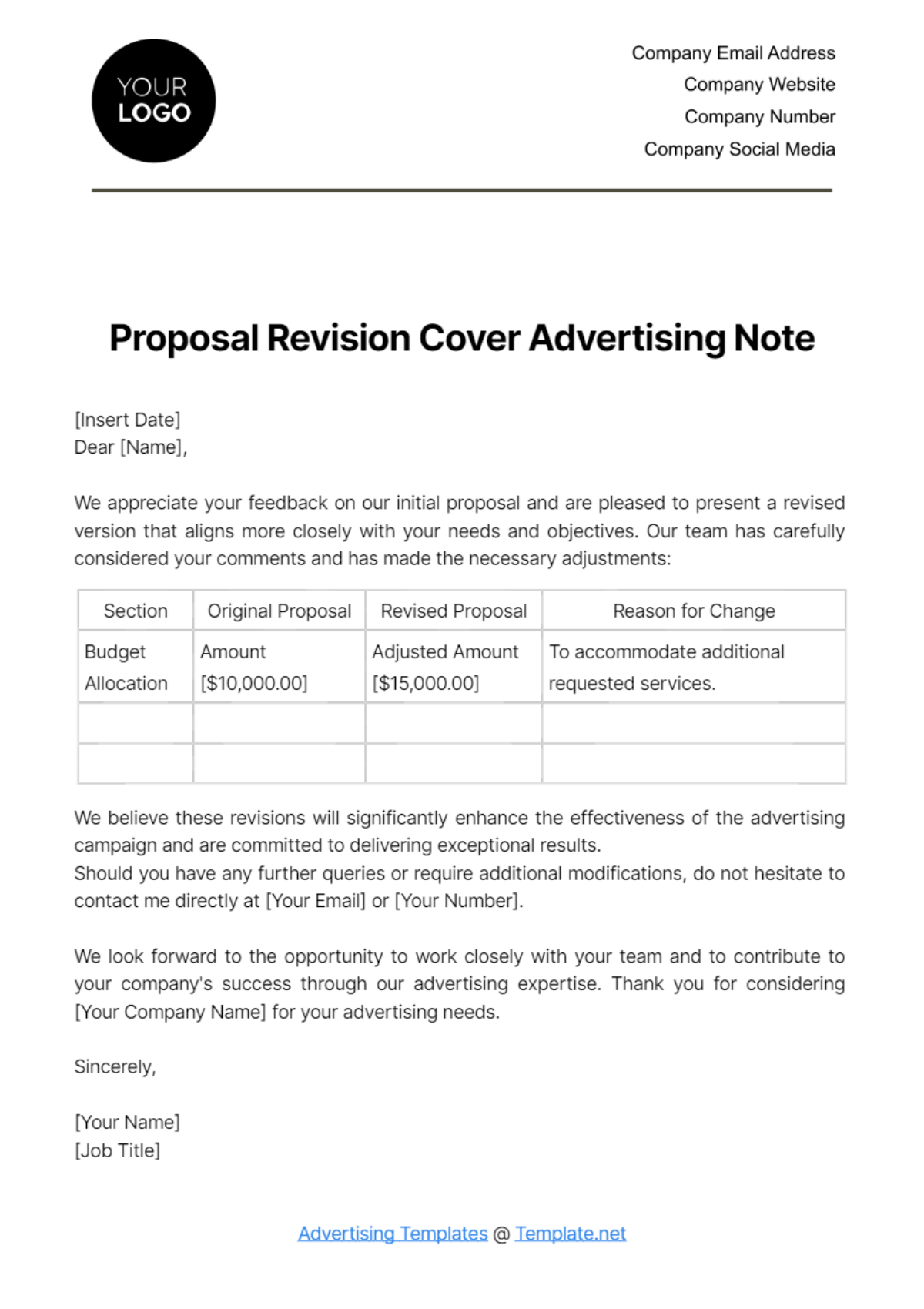 Proposal Revision Cover Advertising Note Template