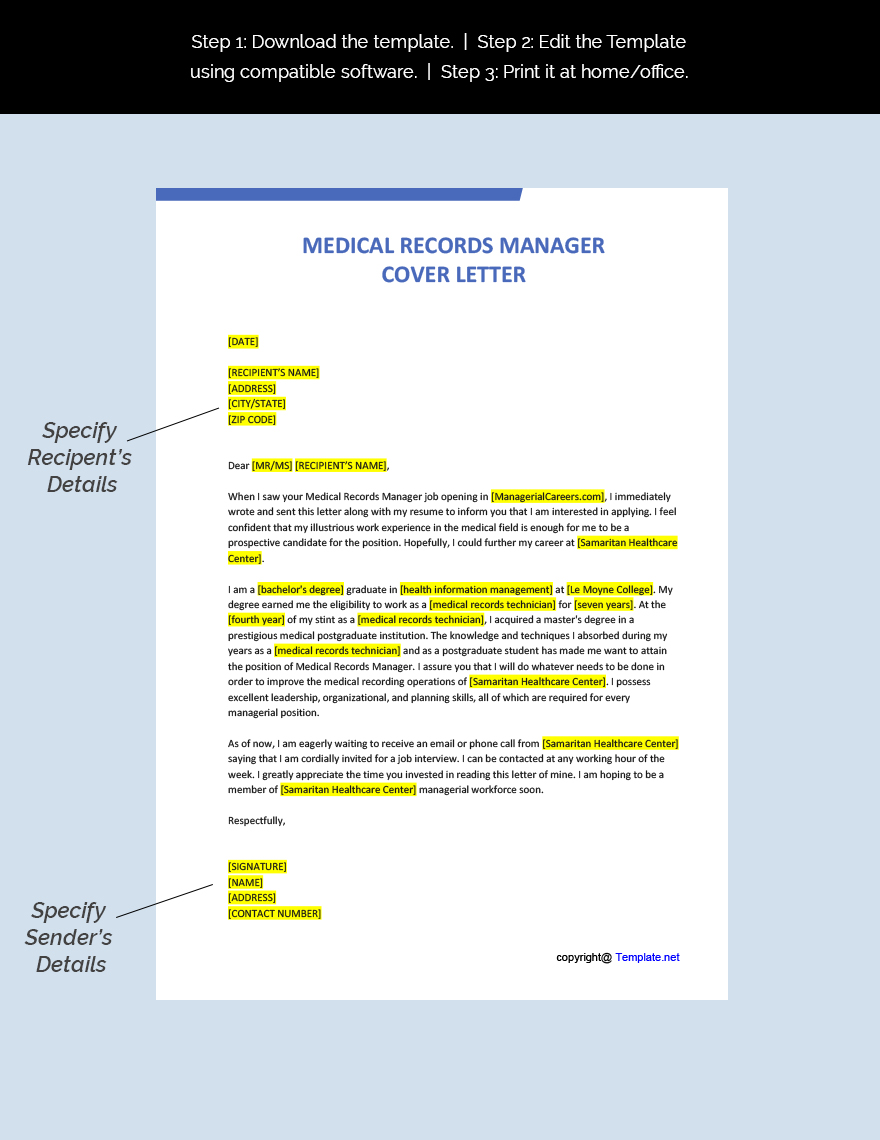Medical Records Manager Cover Letter Template