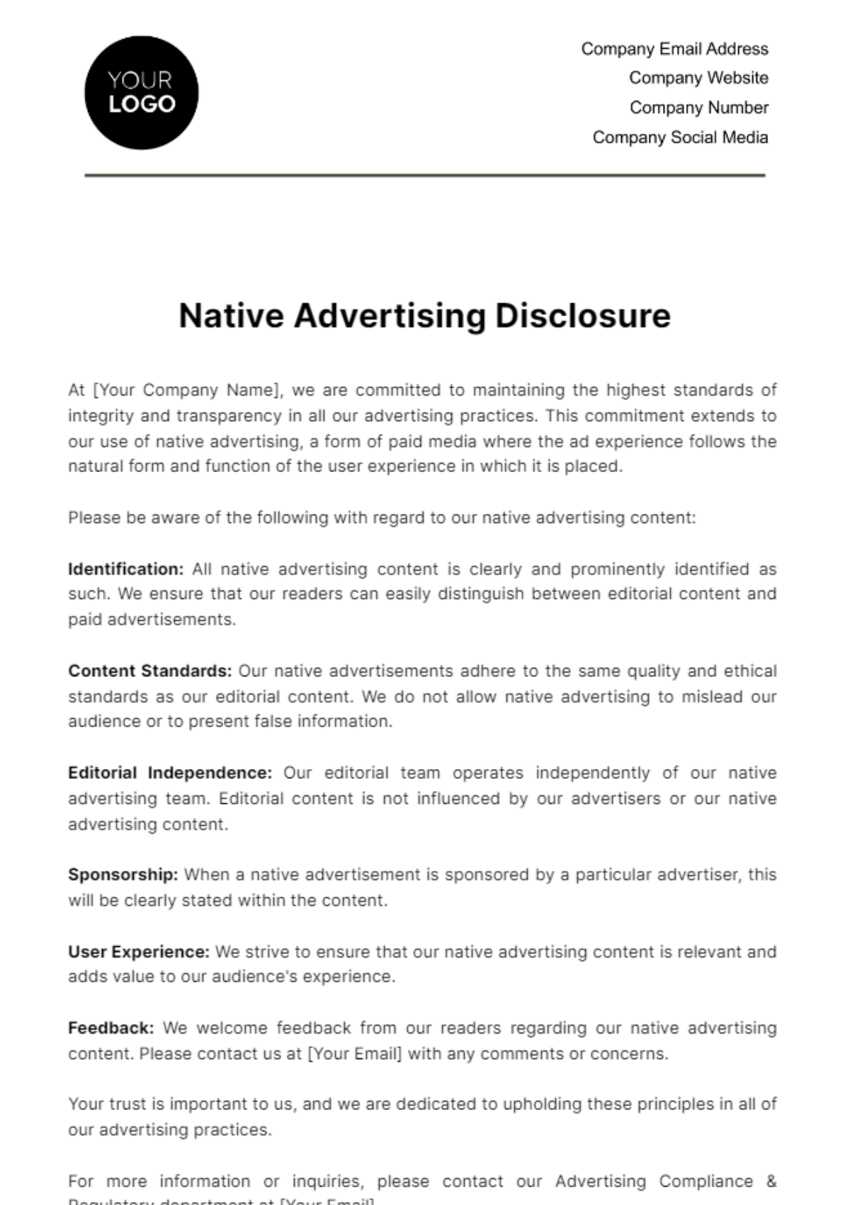 Free Native Advertising Disclosure Template