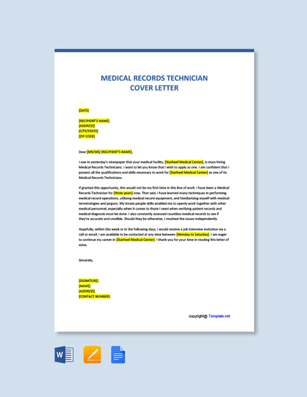 Medical Records Technician Cover Letter Template Free Pdf Google Docs Word Template Net