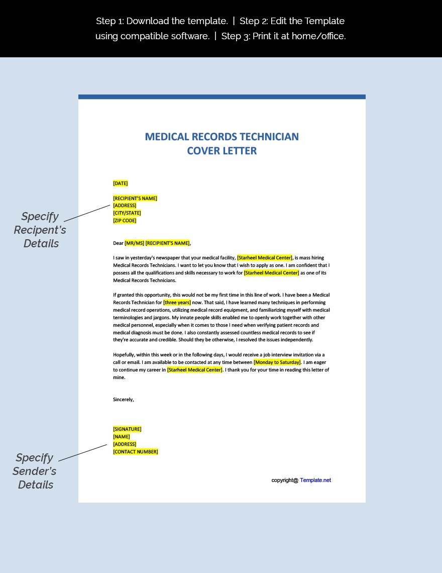Medical Records Technician Cover Letter Template