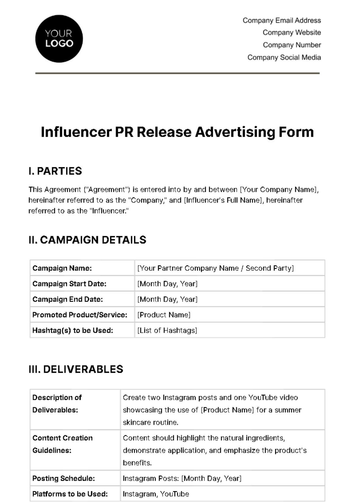 Free Influencer PR Release Advertising Form Template 