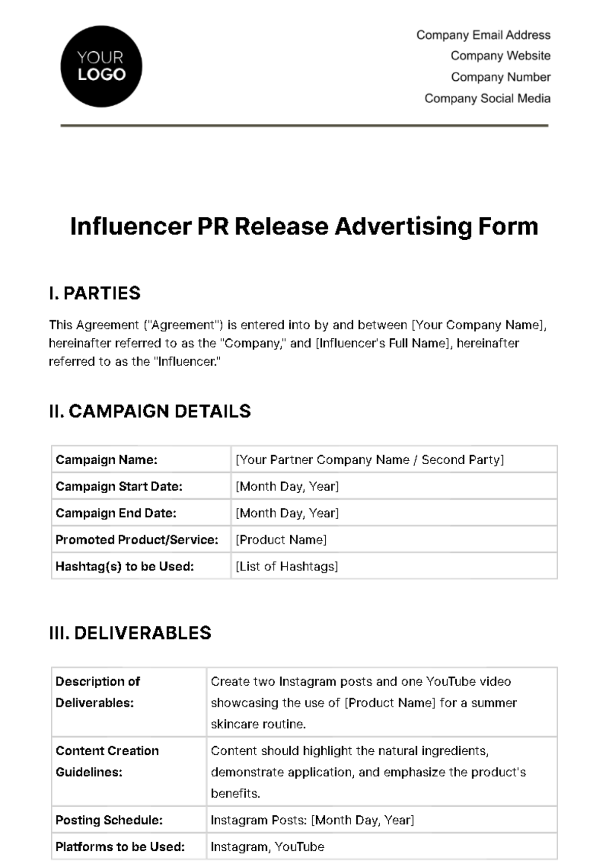 Influencer PR Release Advertising Form Template  - Edit Online & Download