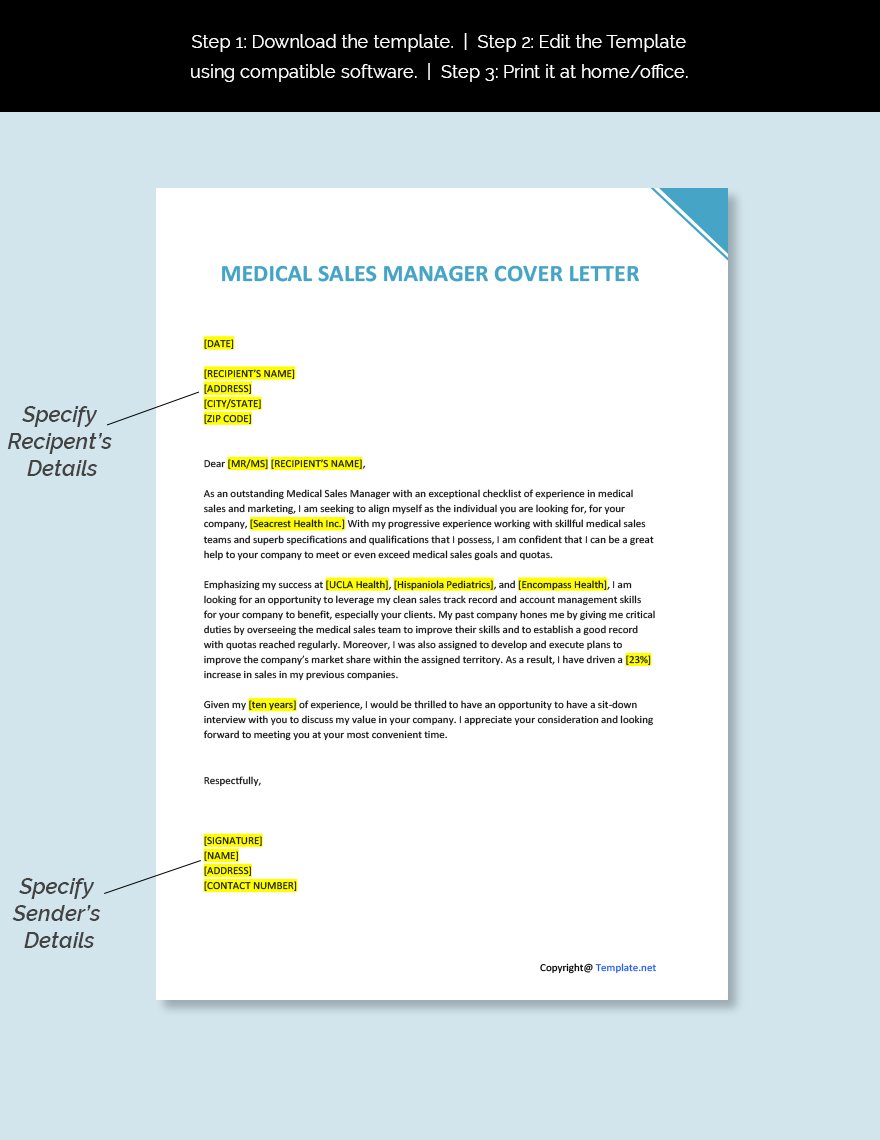 Medical Sales Manager Cover Letter Template