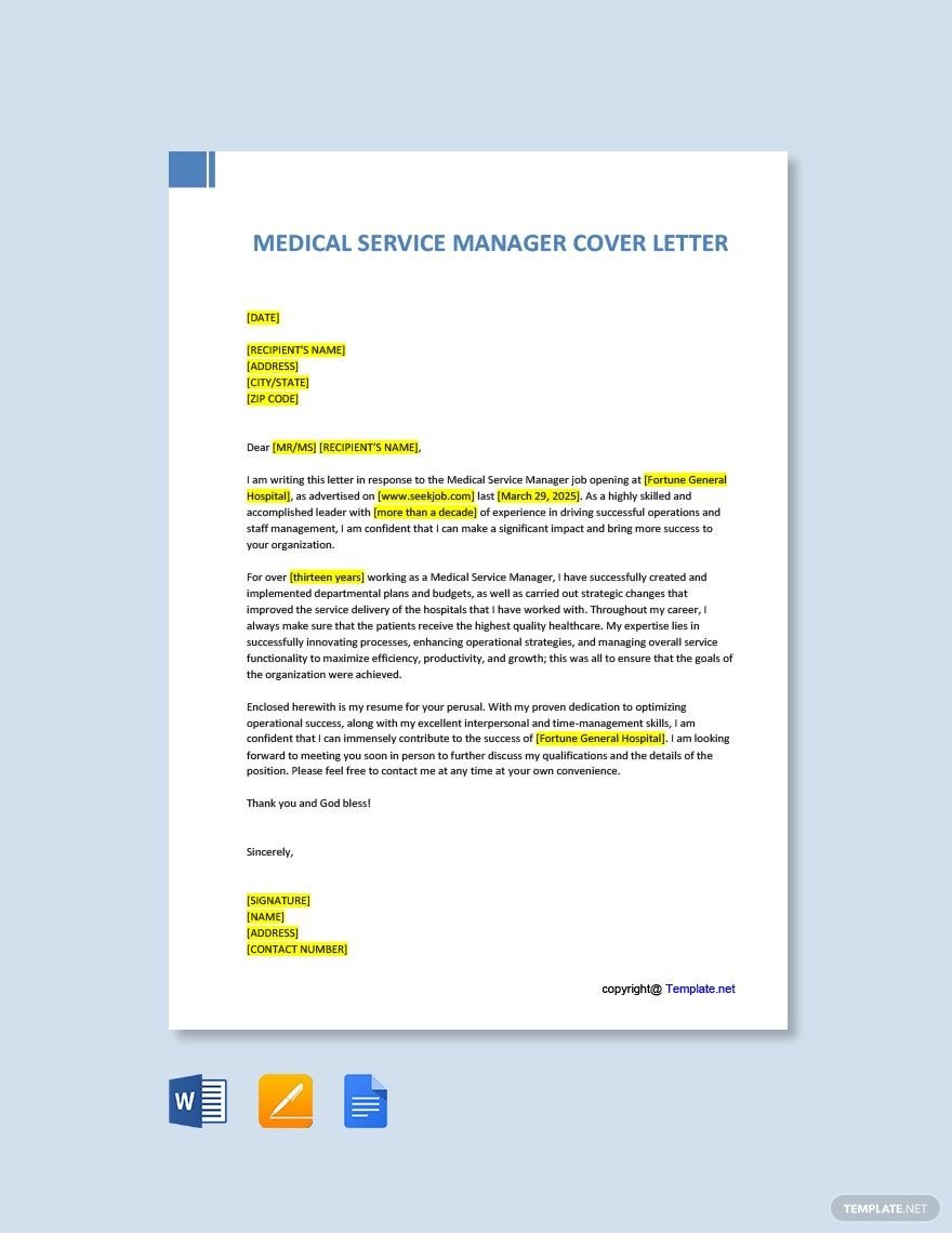 Medical Service Manager Cover Letter