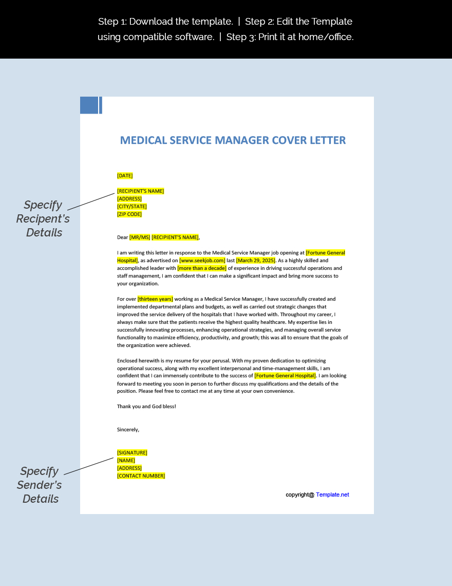 Medical Service Manager Cover Letter Template