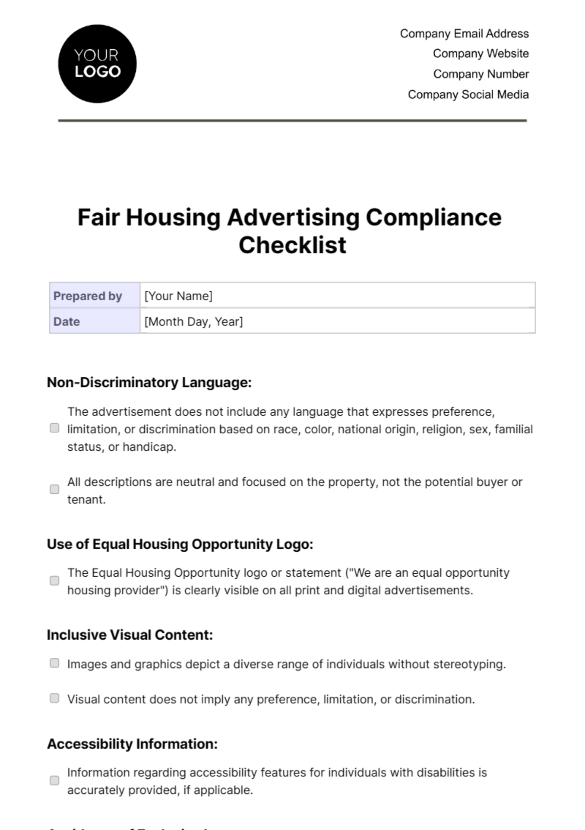 Free Fair Housing Advertising Compliance Checklist Template