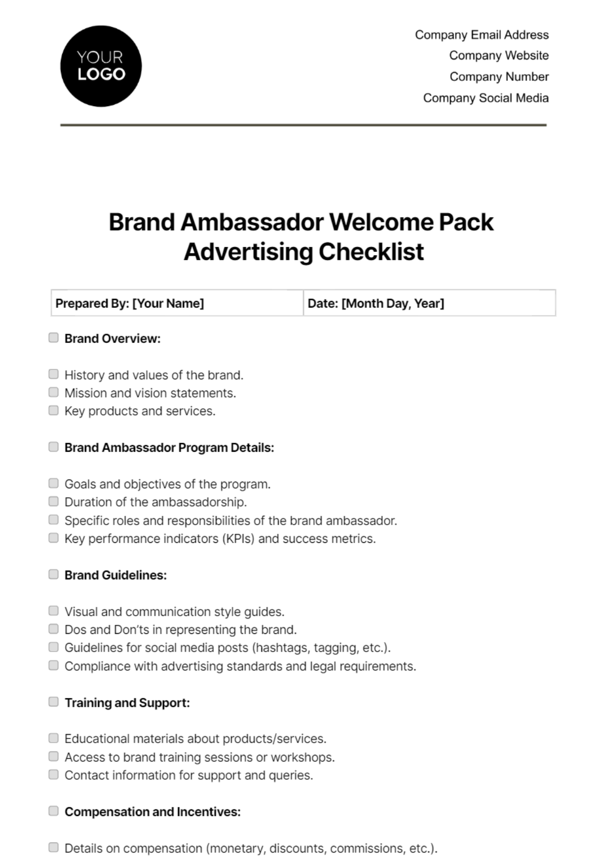 Free Brand Ambassador Welcome Pack Advertising Checklist Template