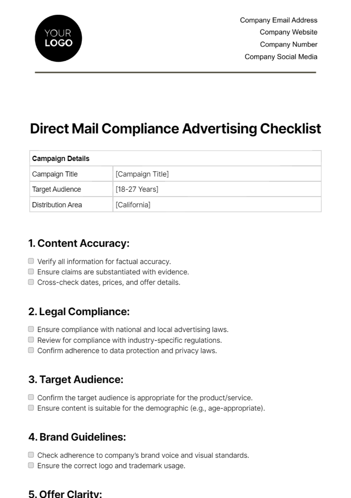 Direct Mail Compliance Advertising Checklist Template