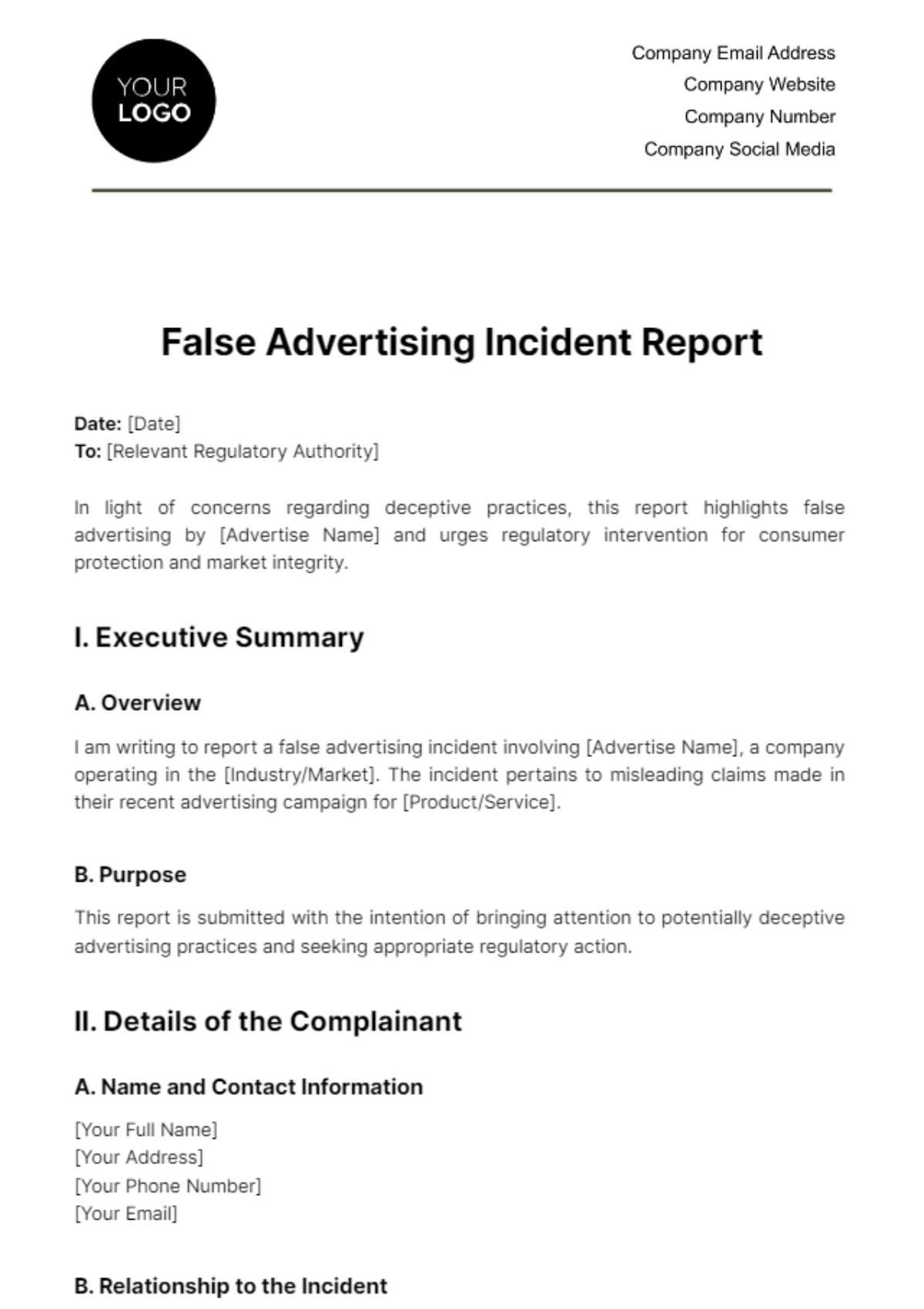Free False Advertising Incident Report Template