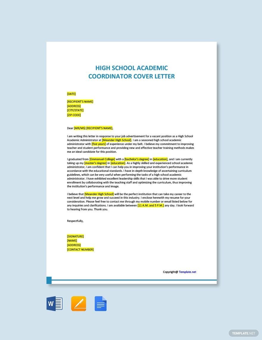 Free High School Academic Coordinator Cover Letter Template