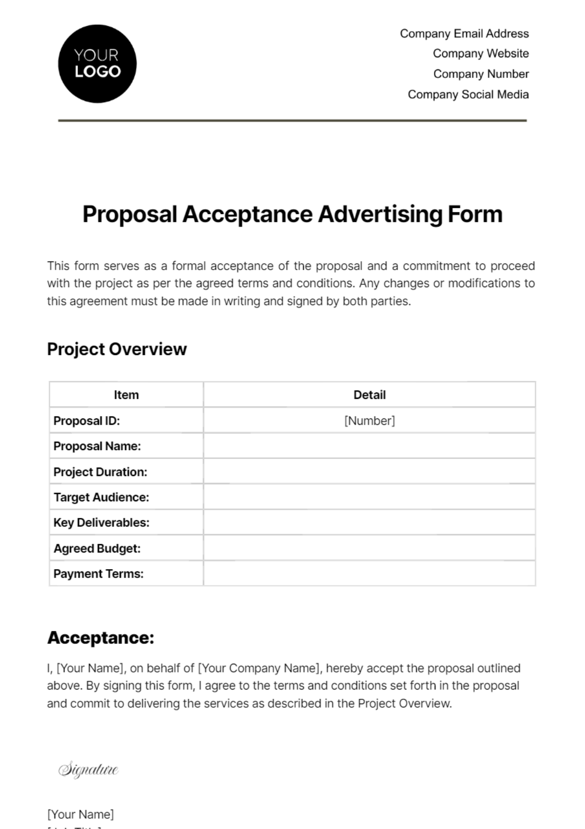 Proposal Acceptance Advertising Form Template