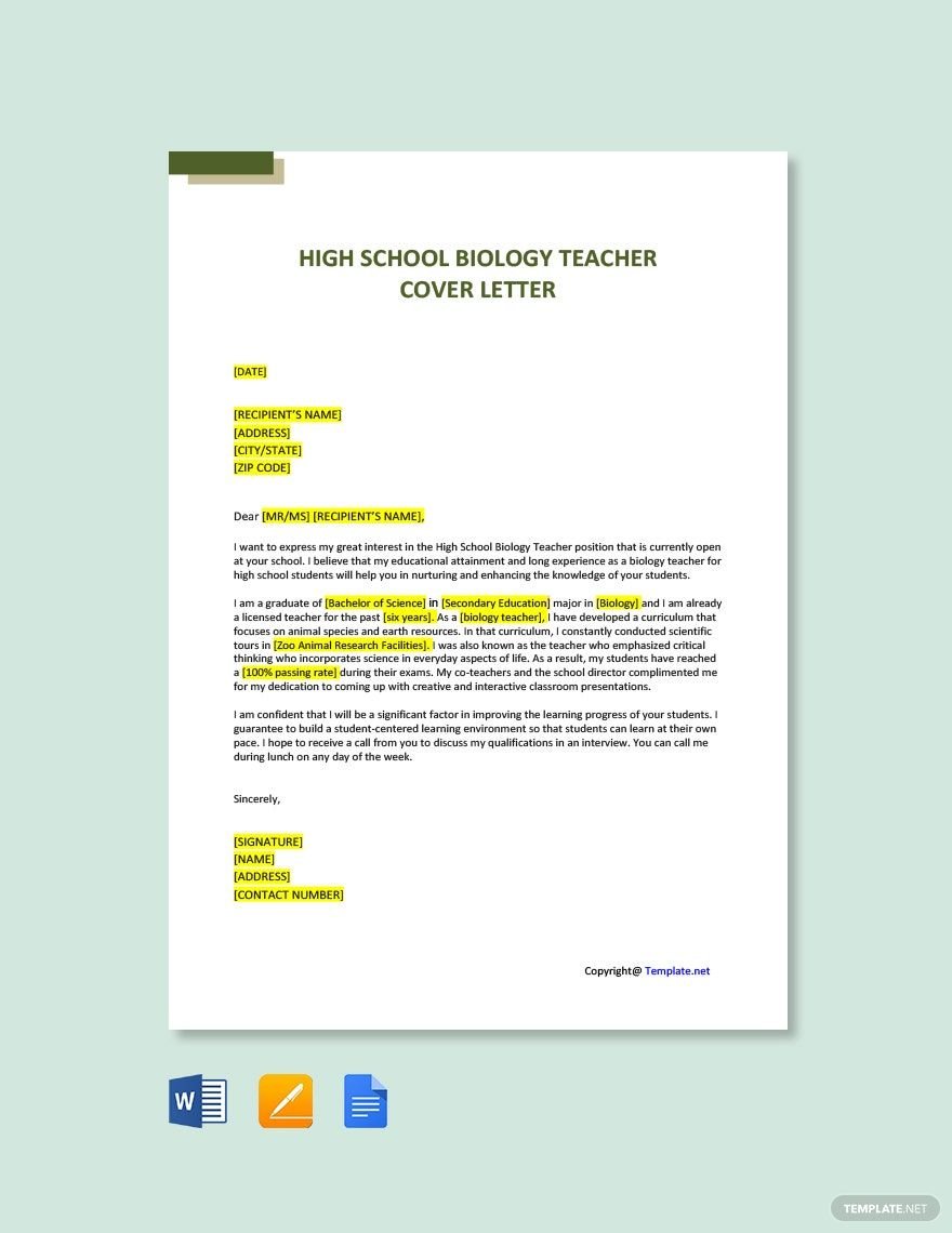 High School Biology Teacher Cover Letter