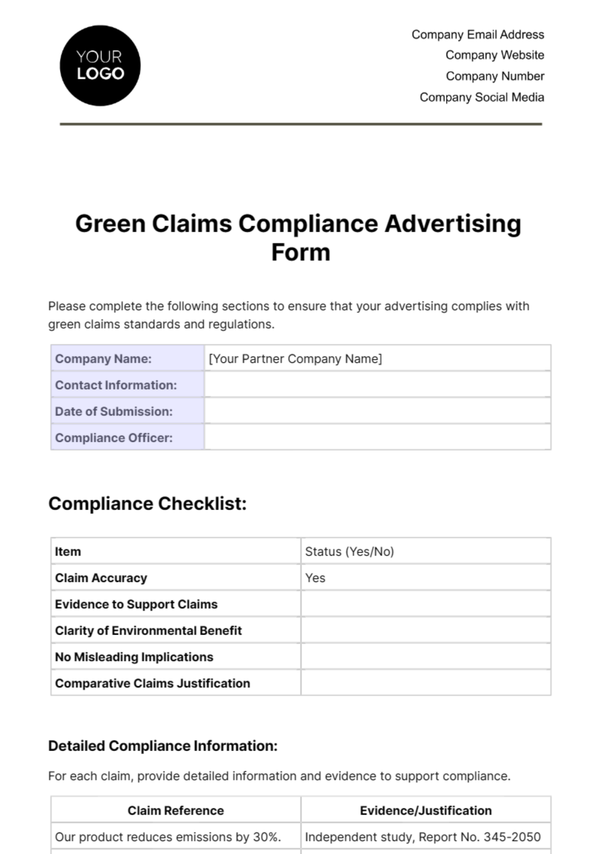 Free Green Claims Compliance Advertising Form Template