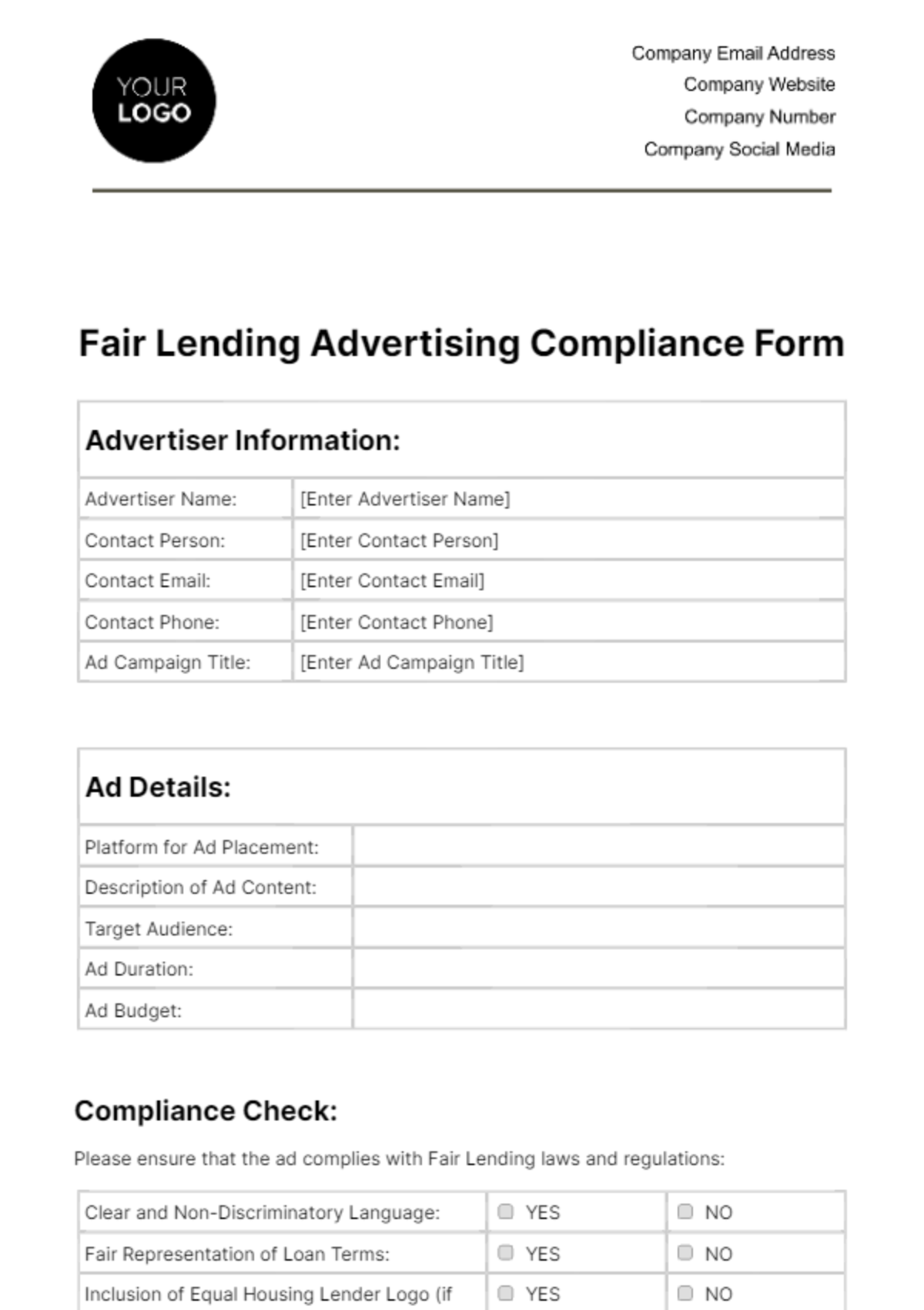 Free Fair Lending Advertising Compliance Form Template