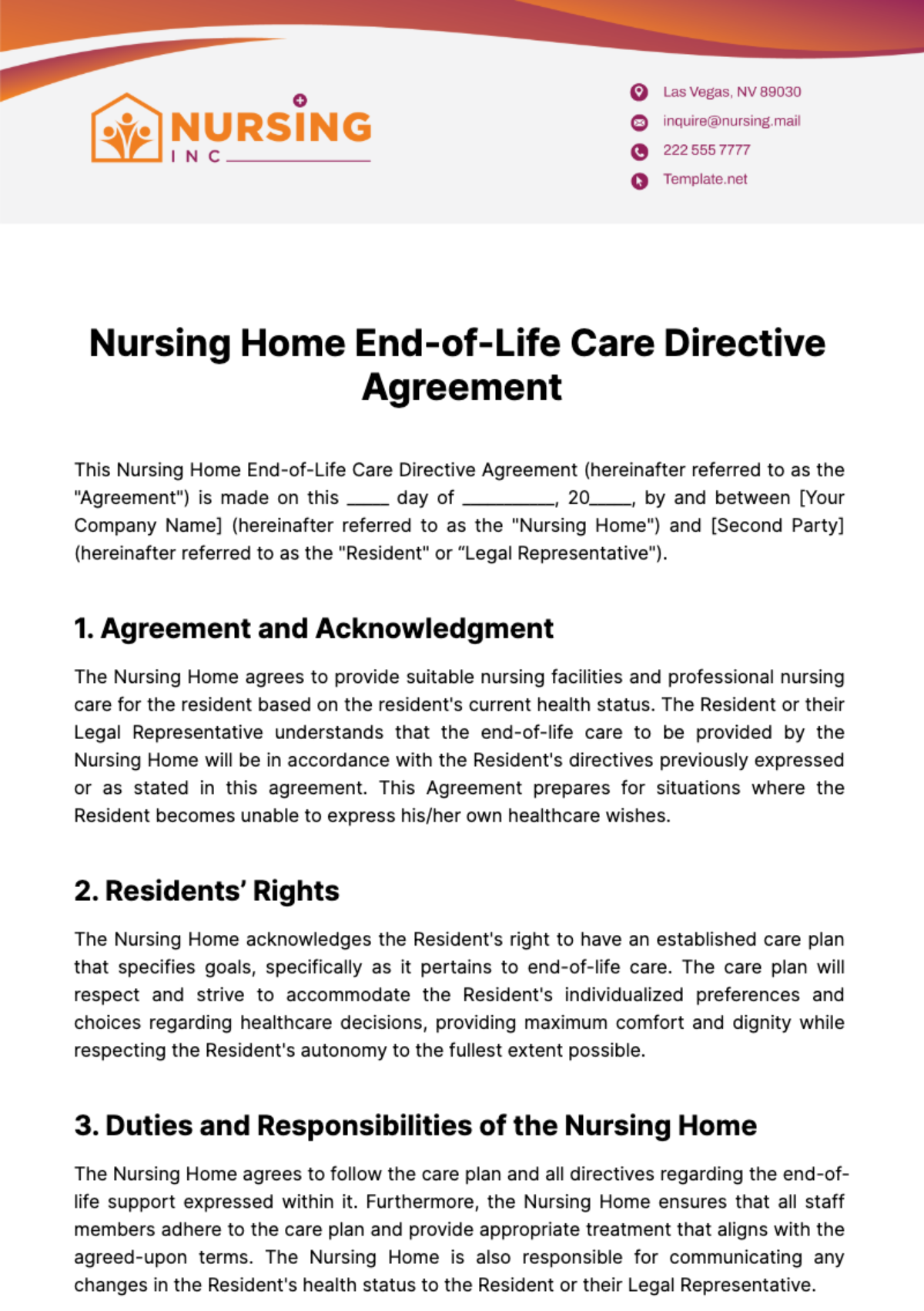 Nursing Home End-of-Life Care Directive Agreement Template