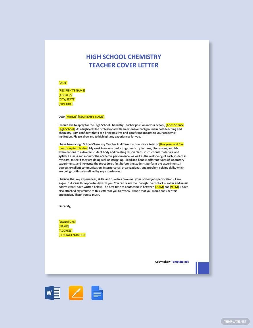 High School Chemistry Teacher Cover Letter in Word, Google Docs, PDF, Apple Pages