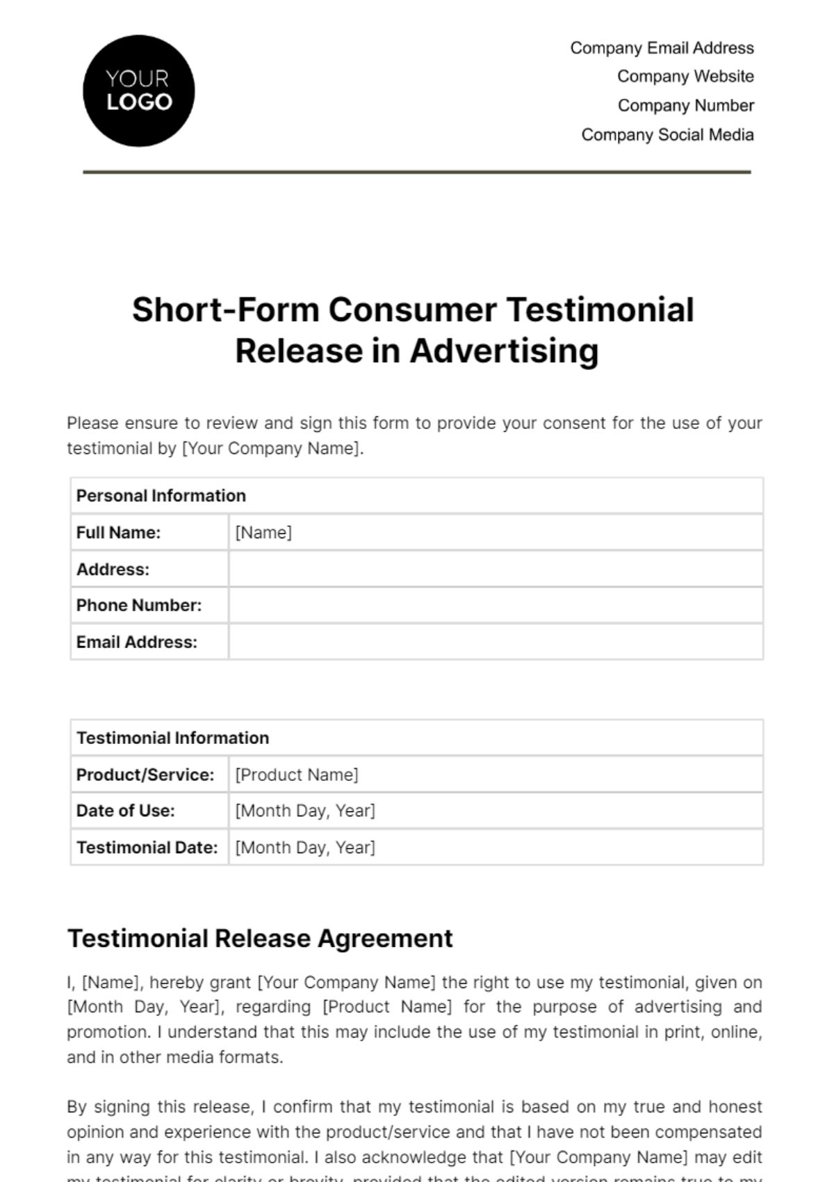 Free Short-Form Consumer Testimonial Release in Advertising Template