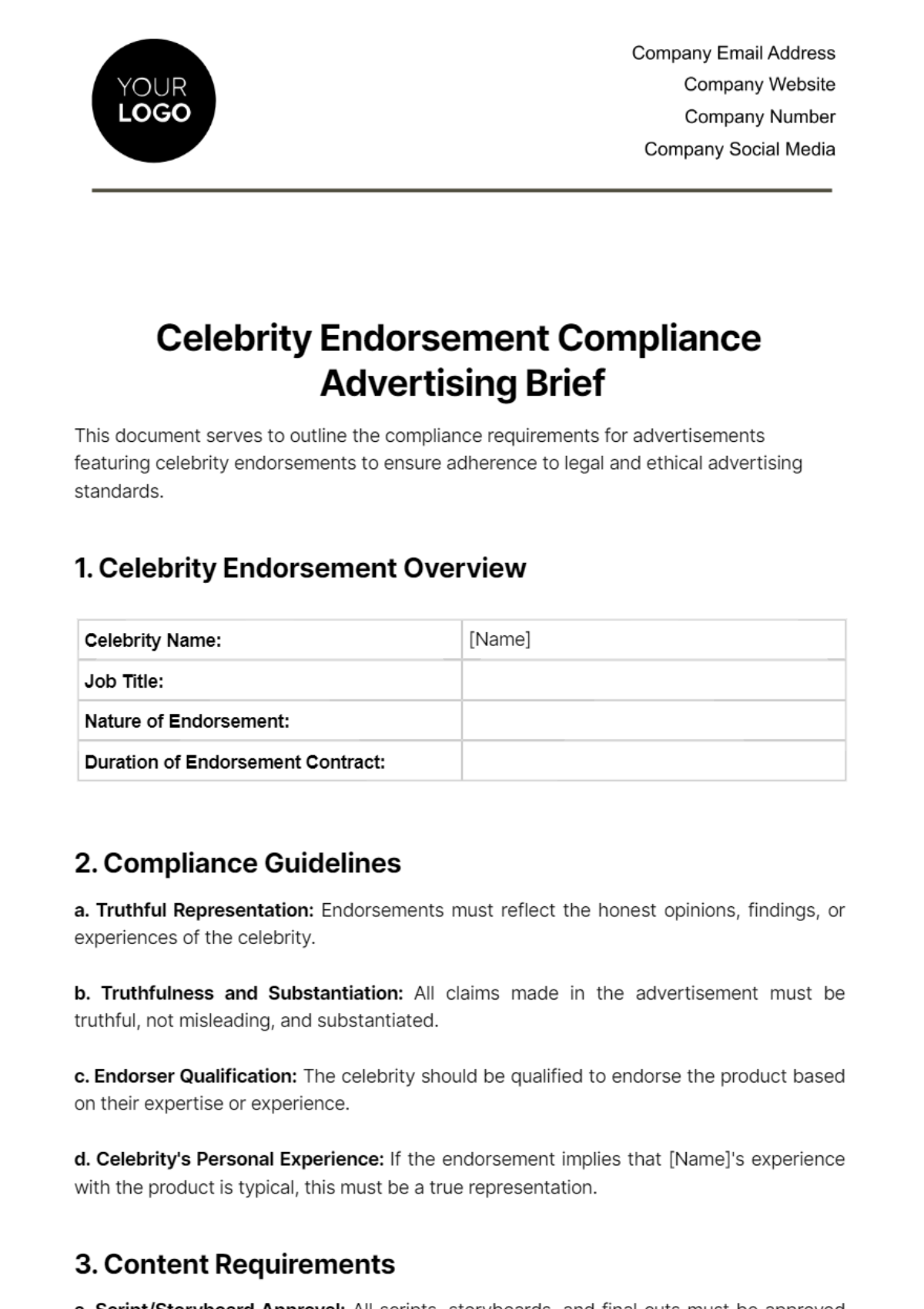 Celebrity Endorsement Compliance Advertising Brief Template