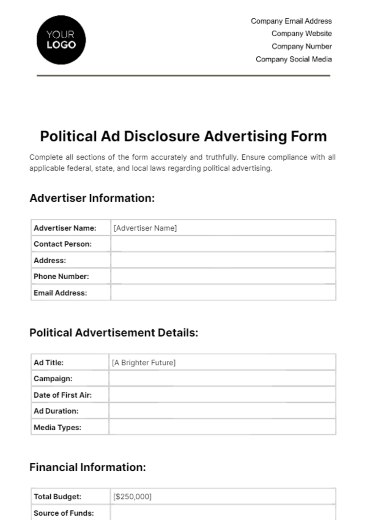 Free Political Ad Disclosure Advertising Form Template