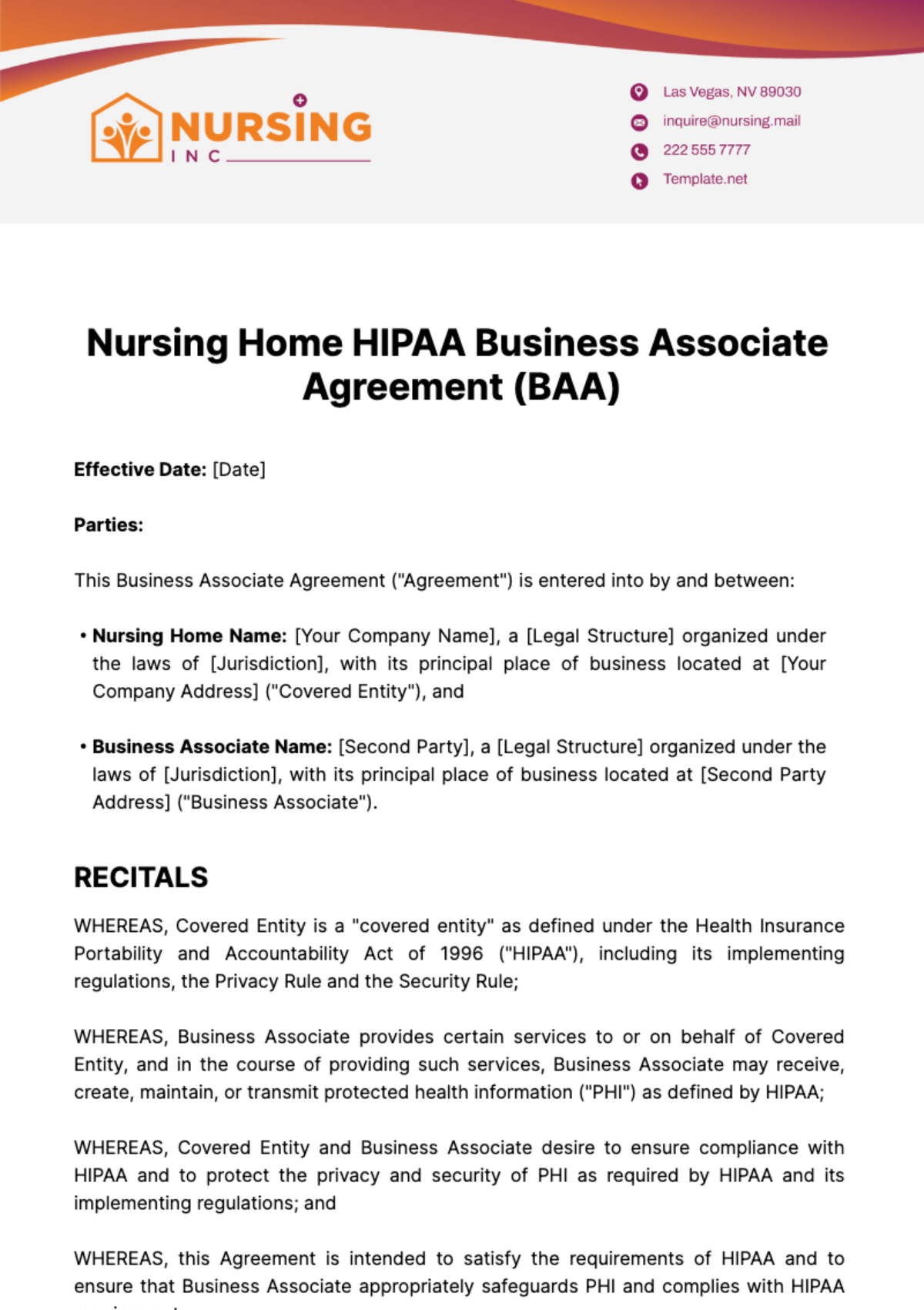 Nursing Home HIPAA Business Associate Agreement (BAA) Template