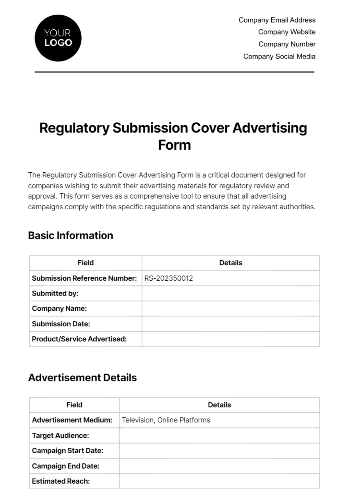 Free Regulatory Submission Cover Advertising Form Template