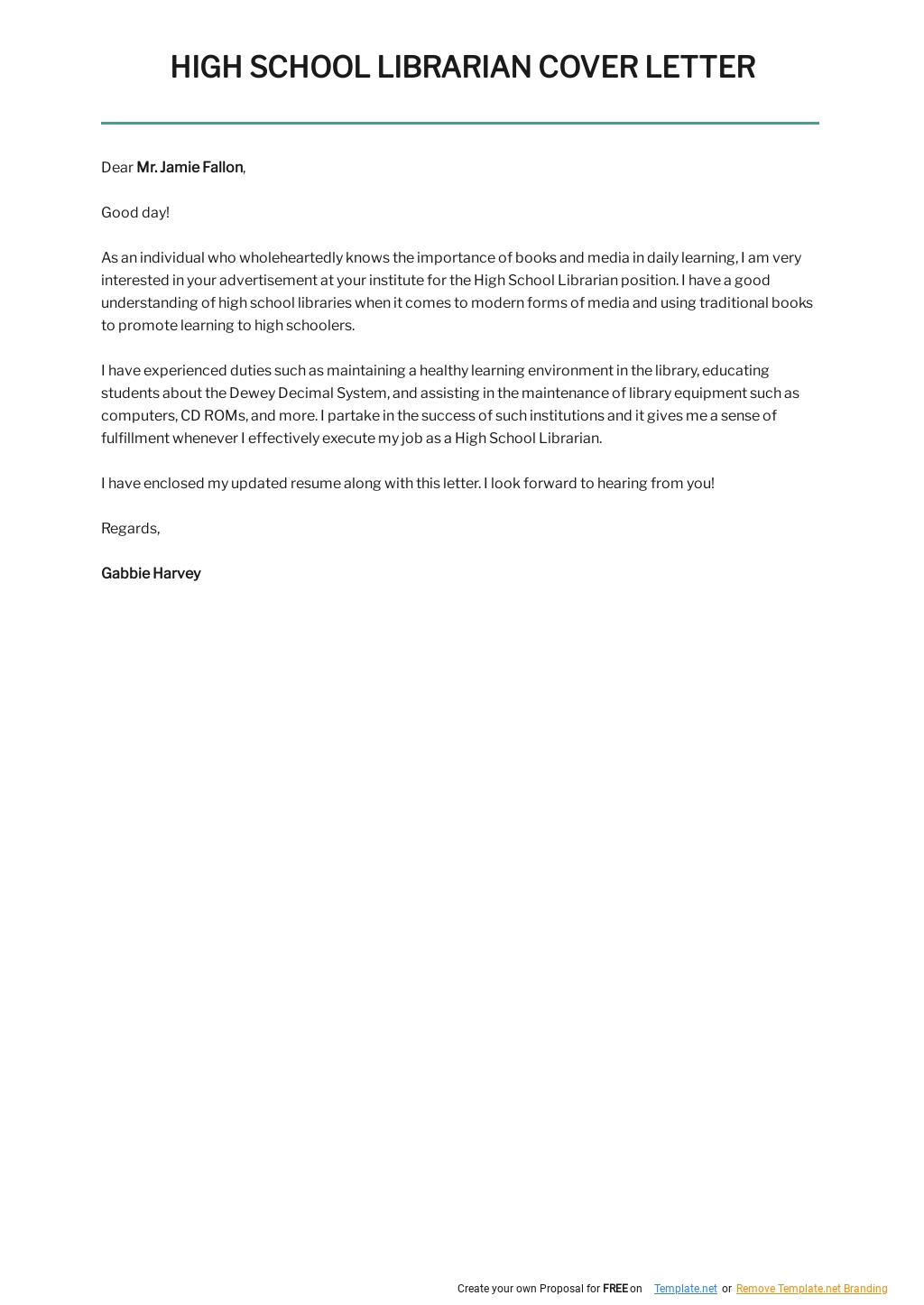 Free High School Librarian Cover Letter Template.jpe