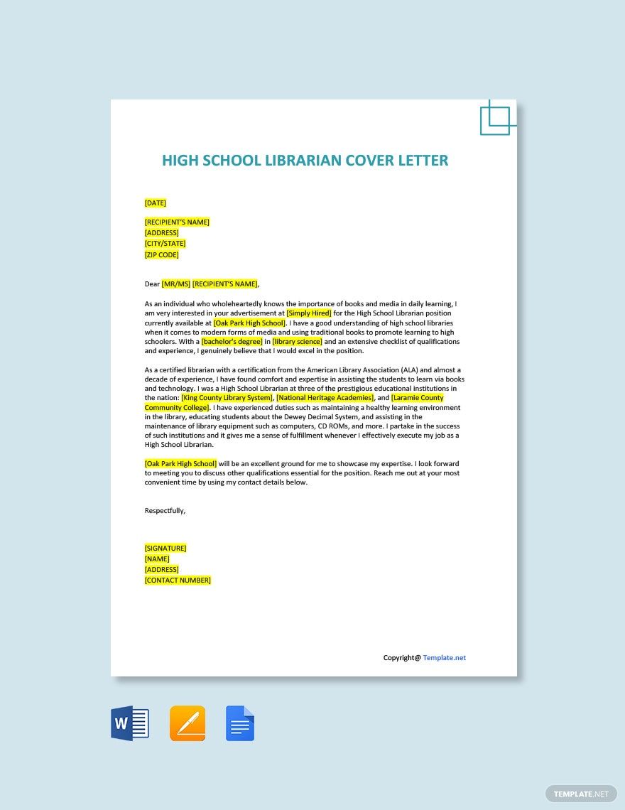 High School Librarian Cover Letter in Word, Google Docs, PDF, Apple Pages