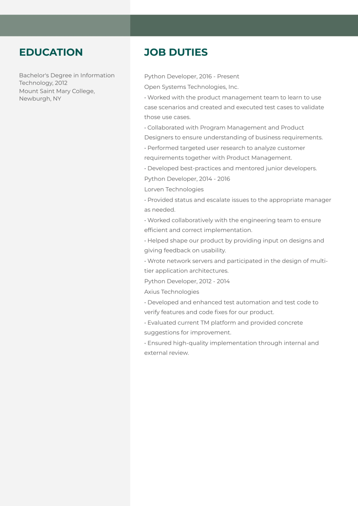 Free Python Developer Resume Template to Edit Online
