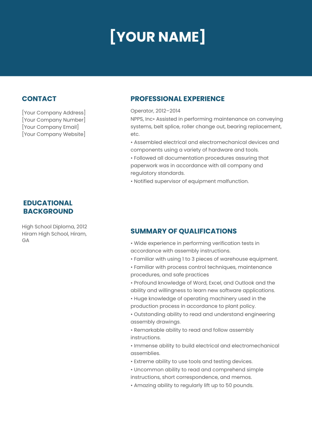 Free Operator Resume Template to Edit Online