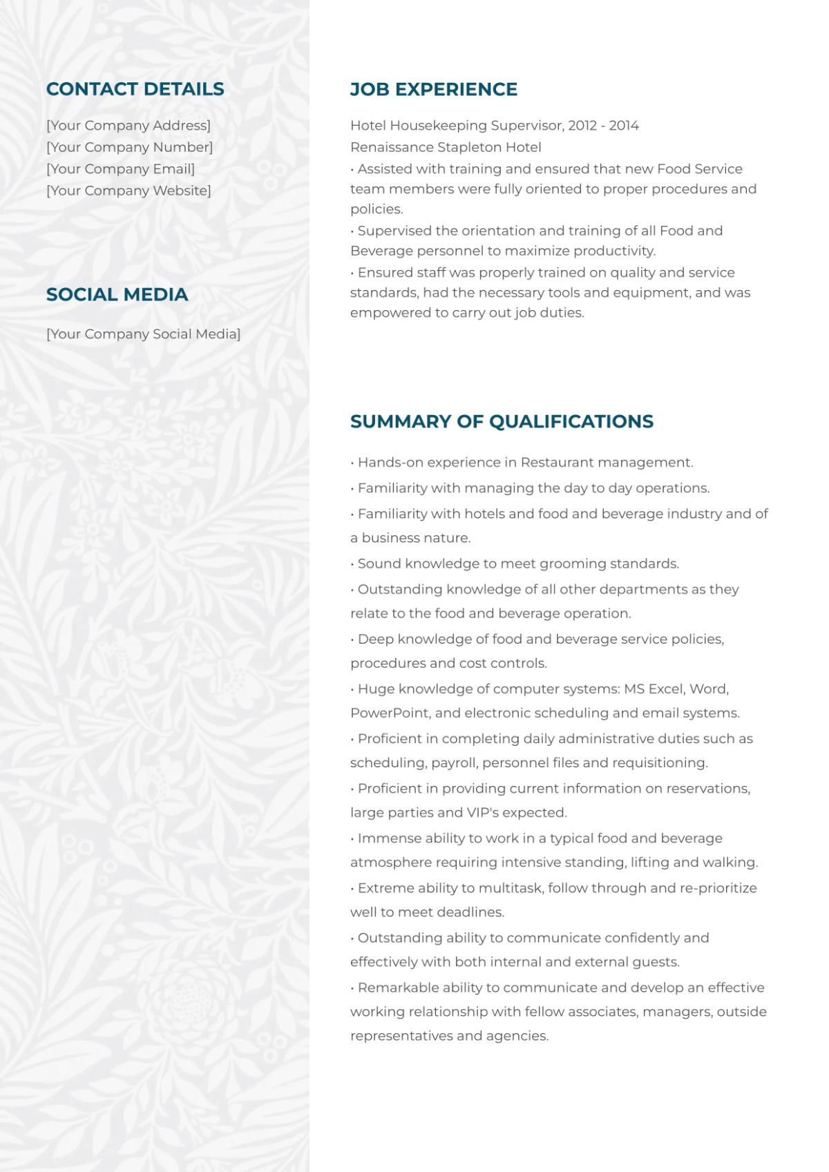 Free Hotel Housekeeping Supervisor Resume Template to Edit Online