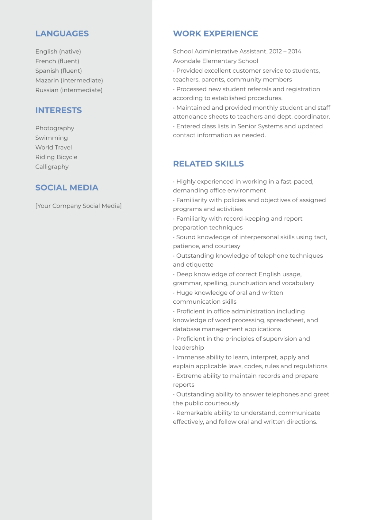 Free School Administrative Assistant Resume Template to Edit Online